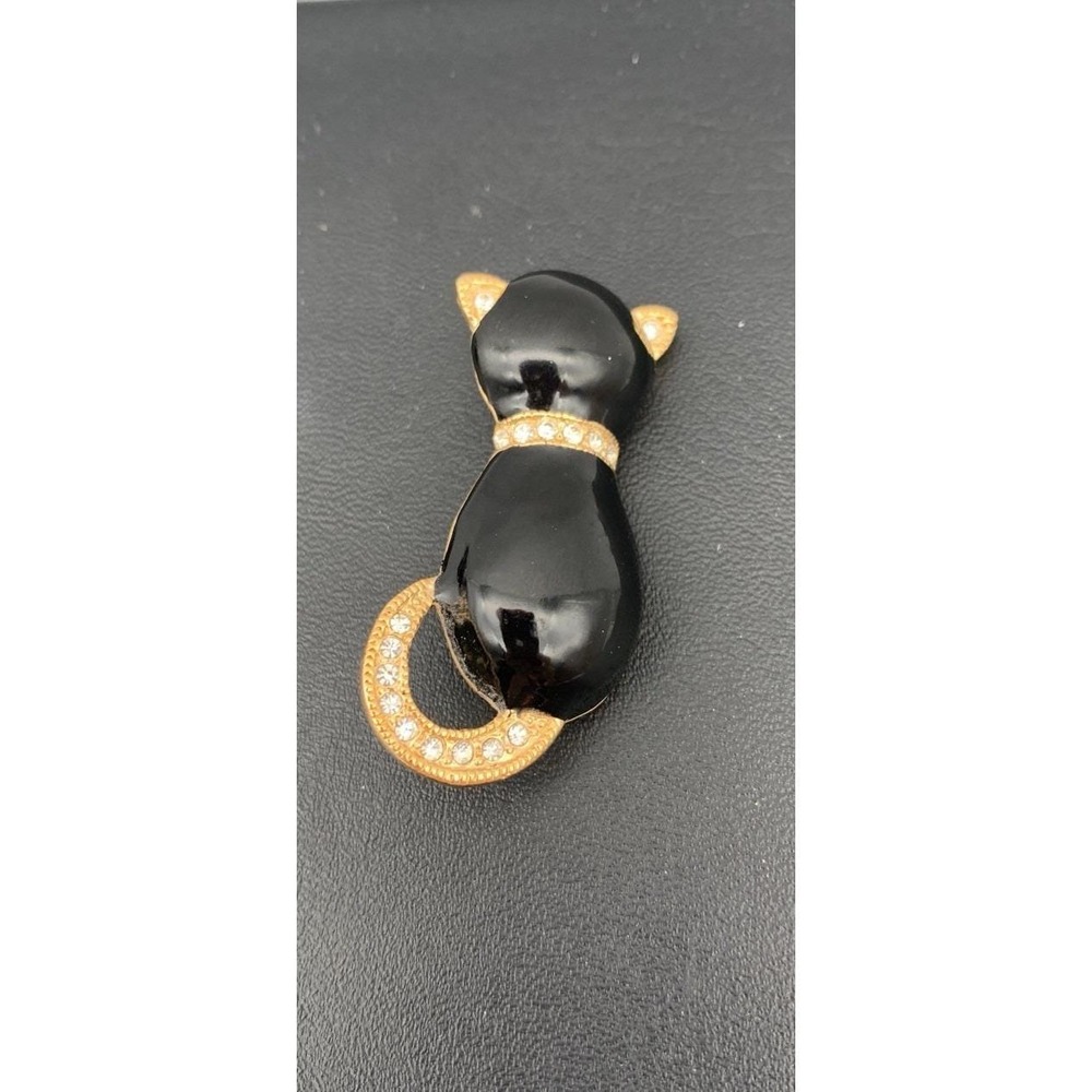 Vintage Roman Black Kitty Cat Clear Rhinestone Gold Tone Costume Brooch Pin